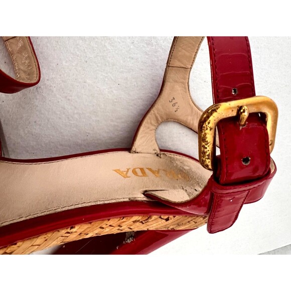 Prada Women's Shoes 6 Red Leather Peep Toe Ankle Strap Buckle Casual Sandal - Picture 9 of 10